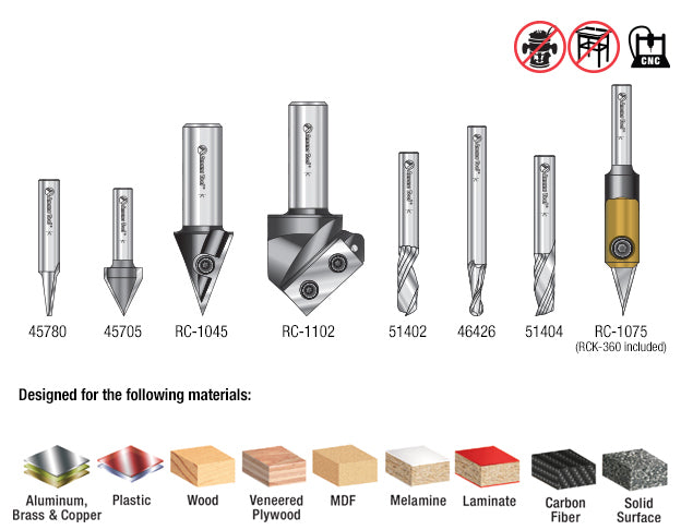 Amana Tool. Signmaking Starter CNC Router Bit Collection | 8 Piece | 1⁄4 & 1⁄2" Shank | AMS-130 