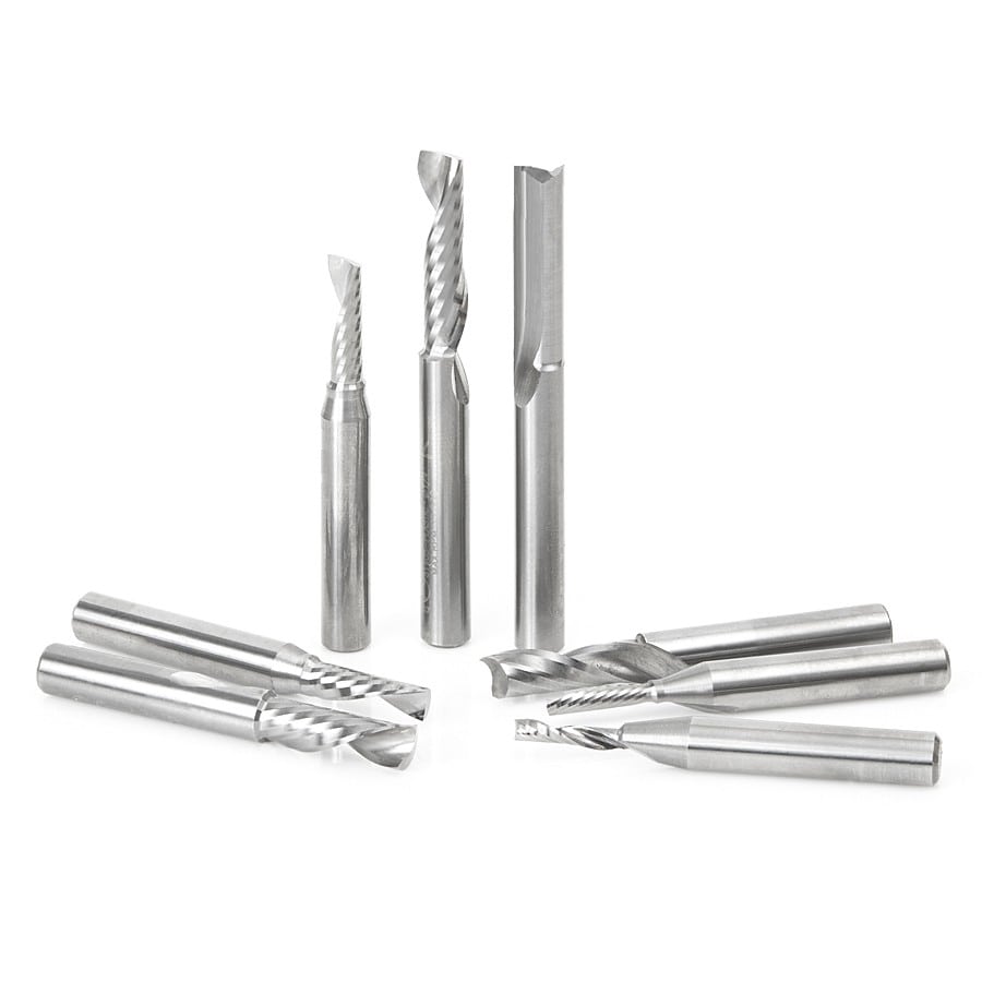 Amana Tool. Plastic Cutting Spiral 'O' Flute CNC Router Bit Collection | 8 Piece | 1⁄4 Shank | AMS-165 