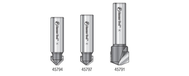 Amana Tool. 3 Piece Double Edge Folding 'V' Groove (ACM) Router Bit Set | 90, 108, 135°x 1⁄2" Shank | AMS-147 