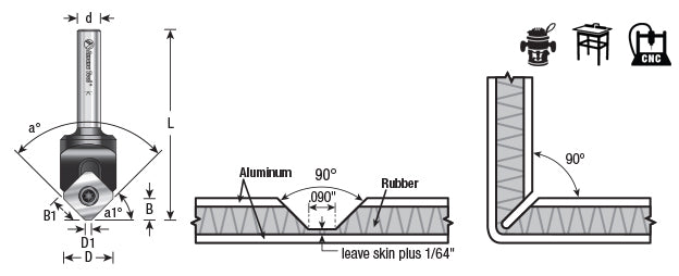 Amana Tool. Double Edge Folding Insert ‘V’ Groove CNC Router Bit | 90° x .090 Tip x 43⁄64 Dia x 19⁄64 x 1⁄4" Shank | RC-45716 