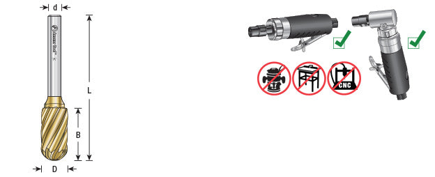 Amana Tool. SC Burrs Radius Cylinder Non-Ferrous Burr Bit | 1⁄2 Dia x 1 x 1⁄4 Shank | BURS-124NF 