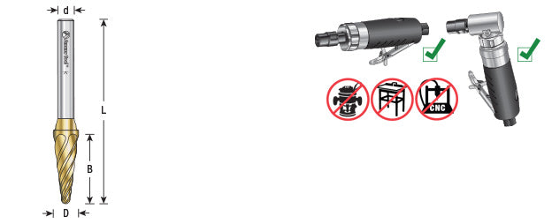 Amana Tool. SL Burrs Radius Cone Non-Ferrous Burr Bit | 3⁄8 Dia x 1 1⁄16 x 1⁄4 Shank | BURS-214NF