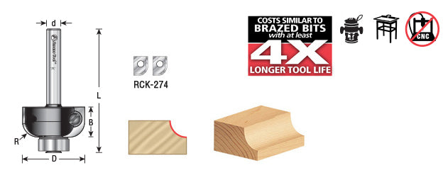 Amana Tool. Tech Cove Insert Router Bit | 1⁄4 Radius x 1 Dia x 1⁄2 x 1⁄4" Shank | RC-49104 