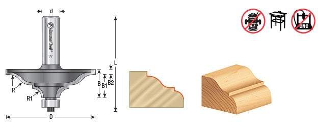 Amana Tool. Ogee & Bead Hand Table Edge Router Bit | 3⁄8 x 1⁄4 Radius x 2 1⁄2 Dia x 3⁄4 x 1⁄2" Shank | 49556 