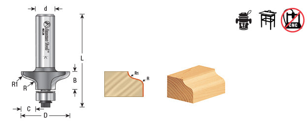 Amana Tool. Door Edge - Front Face Edge Router Bit | 7⁄32 Radius x 1 1⁄4 Dia x 3⁄8 x 1⁄2" Shank | 49534 