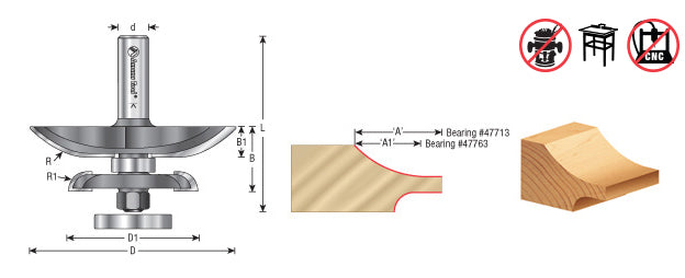 Amana Tool. Cove Raised Panel Router Bit | 1 9⁄16 Radius x 3 3⁄8 Dia x 1 1⁄16 x 1⁄2" Shank | 54229 