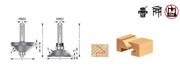 Amana Tool. Ogee Rail Router Bit | 11⁄32 Radius x 1 1⁄2 Dia x 1⁄2 x 1⁄4" Shank | 49662 