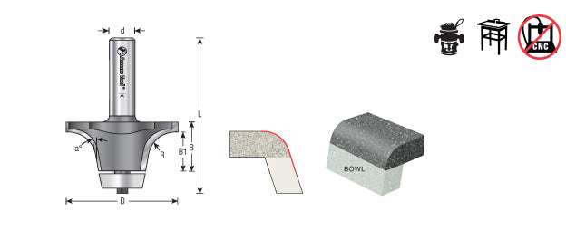 Amana Tool. Undermount Bowl Router Bit | Roundover 18°x 2 1⁄4 Dia x 1 1⁄4 x 1⁄2" Shank | 57130 