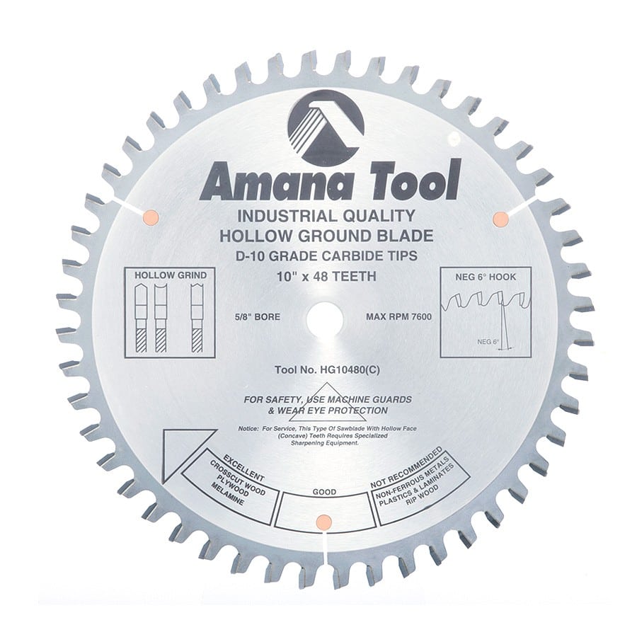 Amana Tool. Hollow Ground Blade - 10" Dia x 48T HG - 6° - 5⁄8 Bore | HG10480 