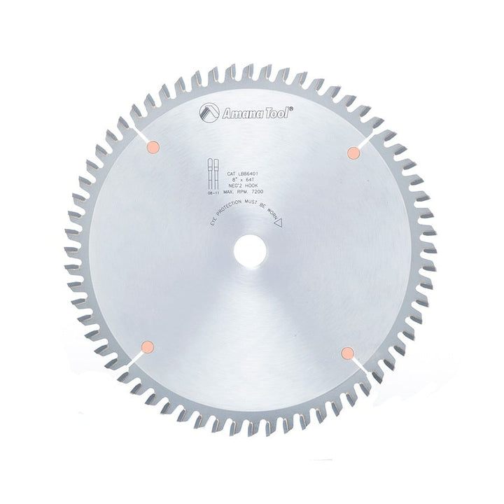 Amana Tool. Non-Melt Plastic Cutting Blade - 8" Dia x 64T M-TCG - 2° - 5⁄8 Bore | LB86401 