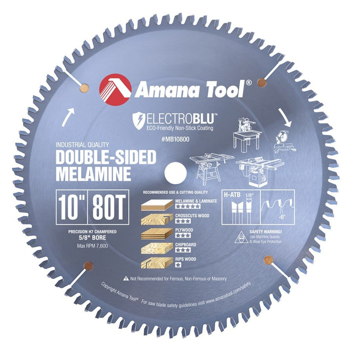 Amana Tool. Double Sided Melamine & Laminate Electro-Blu - 10" Dia x 80T H-ATB, -6° - 5⁄8 Bore | MB10800C 