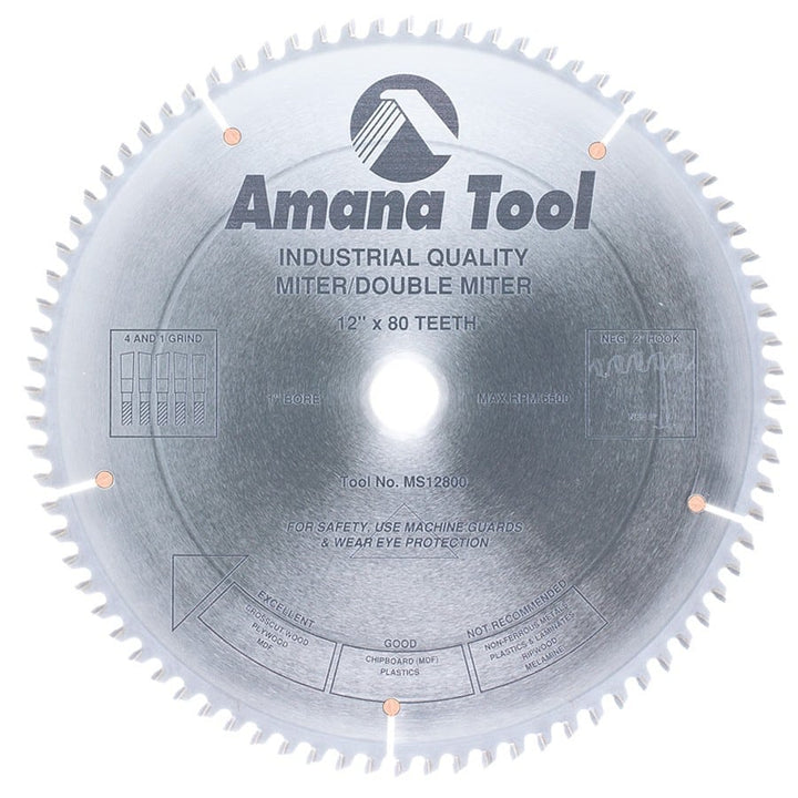 Amana Tool. Miter / Double Miter Blade with Raker - 12" Dia x 80T 4+1 ATB - 2° - 1" Bore | MS12800 