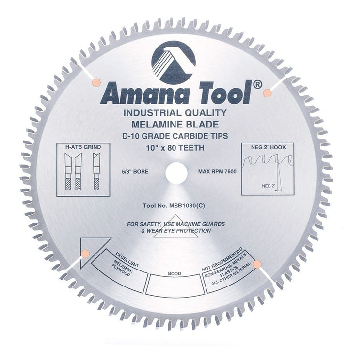 Amana Tool. Double-Face Melamine, Korton & Veneers Thin Kerf Blade - 10" Dia x 80T H-ATB -2° - 5⁄8 Bore | MSB1080 