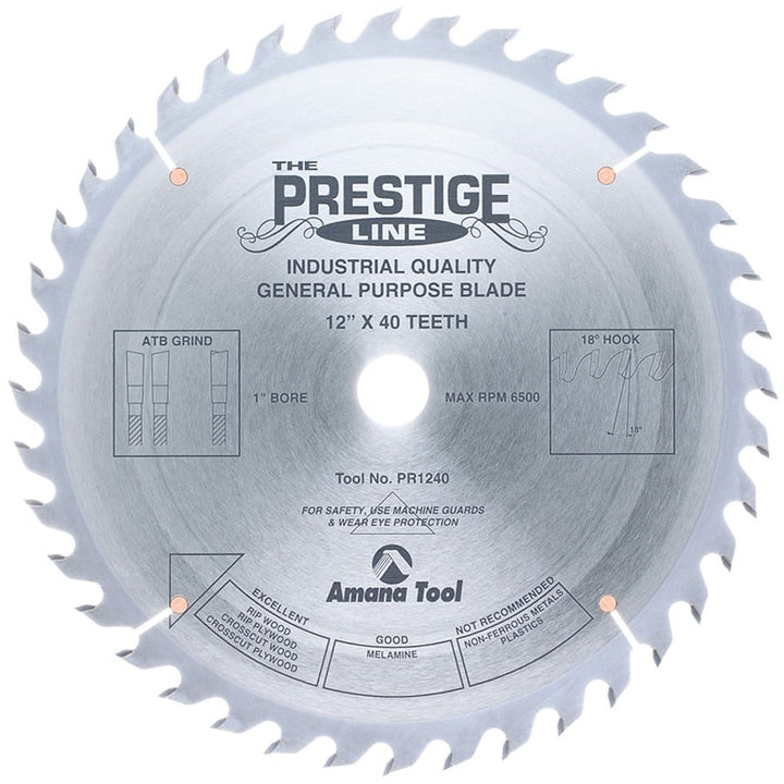 Amana Tool. Prestige General Purpose Blade - 12" Dia 40T ATB- 18° - 1" Bore | PR1240 