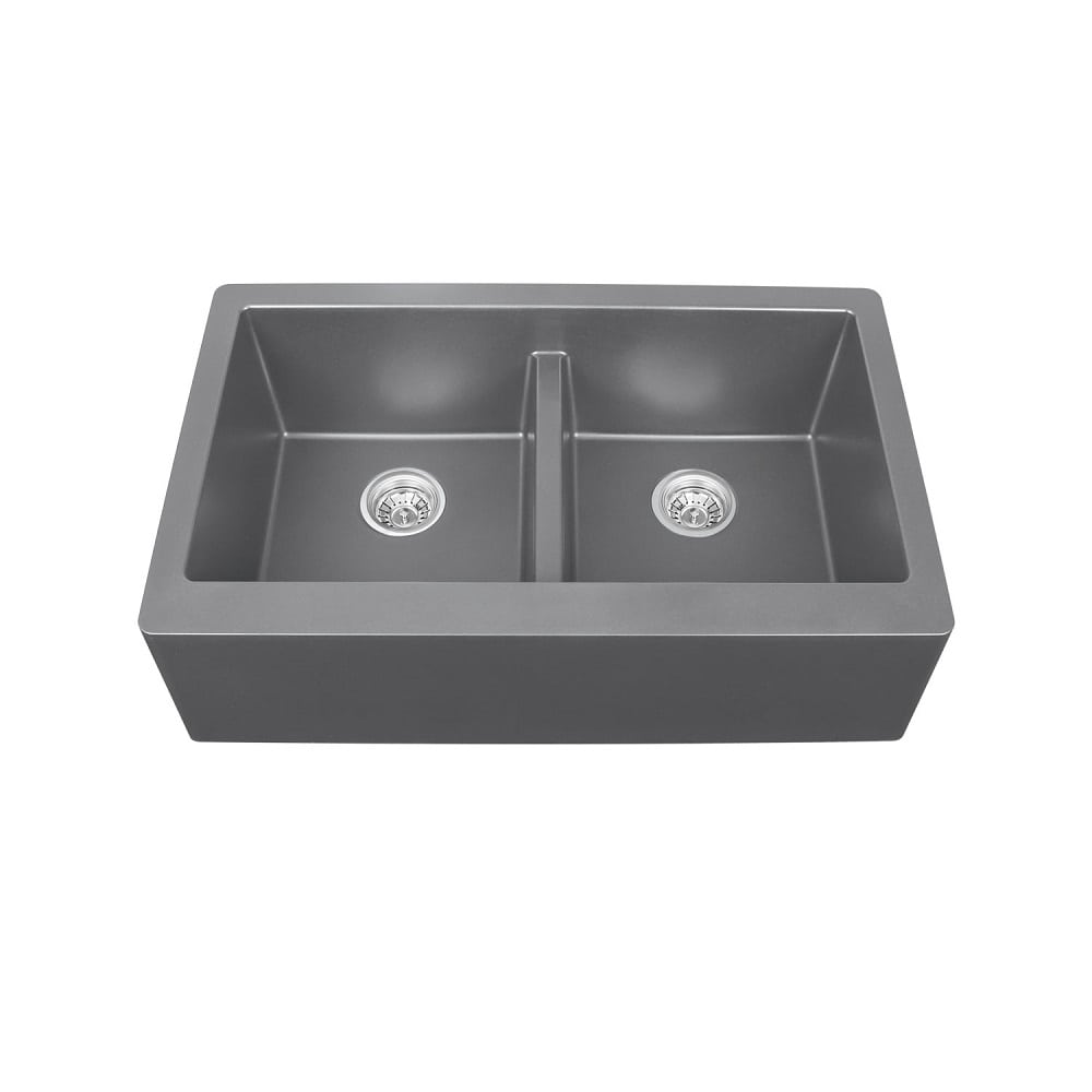 Grey Karran Undermount Double Equal Apron Bowl - Quartz QA-750