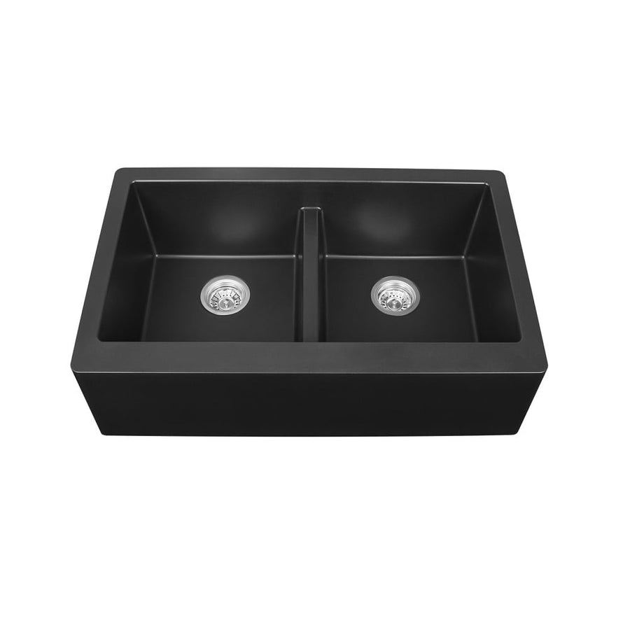 Black Karran Undermount Double Equal Apron Bowl - Quartz QA-750