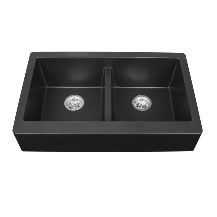 Black Karran Retrofit Undermount Double Equal Apron Bowl - Quartz QAR-750