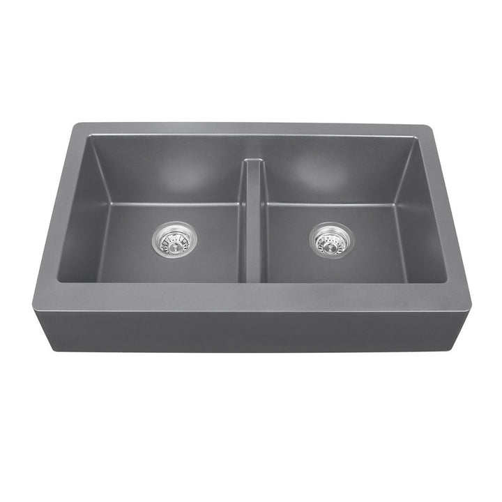 Grey Karran Retrofit Undermount Double Equal Apron Bowl - Quartz QAR-750