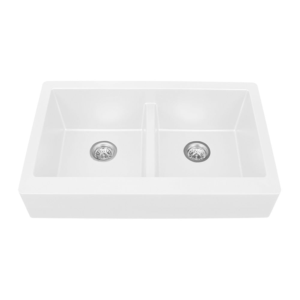 White Karran Retrofit Undermount Double Equal Apron Bowl - Quartz QAR-750