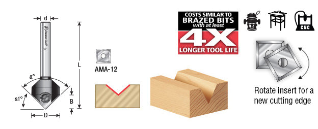 Amana Tool. In-Tech 'V' Groove Insert Router Bit | 45°x 11⁄16 Dia x 21⁄64 x 1⁄4" Shank | RC-45711 