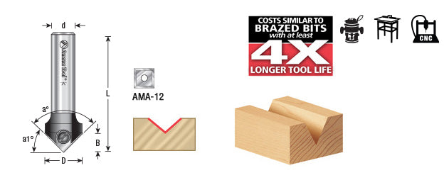 Amana Tool. In-Tech 'V' Groove Insert Router Bit | 90°x 11⁄16 Dia x 21⁄64 x 1⁄2" Shank | RC-45712