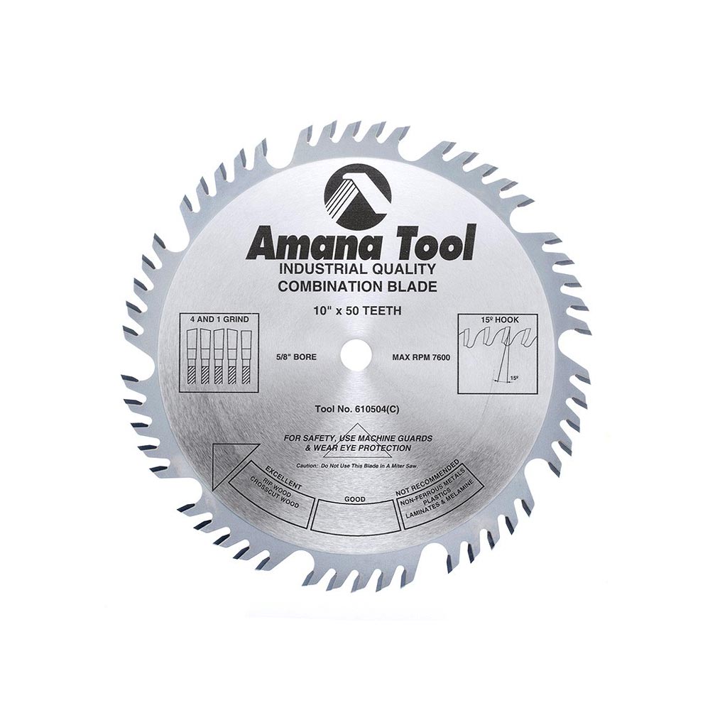 Amana Tool. Combination Ripping & Crosscut Blade - 10" Dia x 50T 4+1 15° - 5⁄8 Bore | 610504 