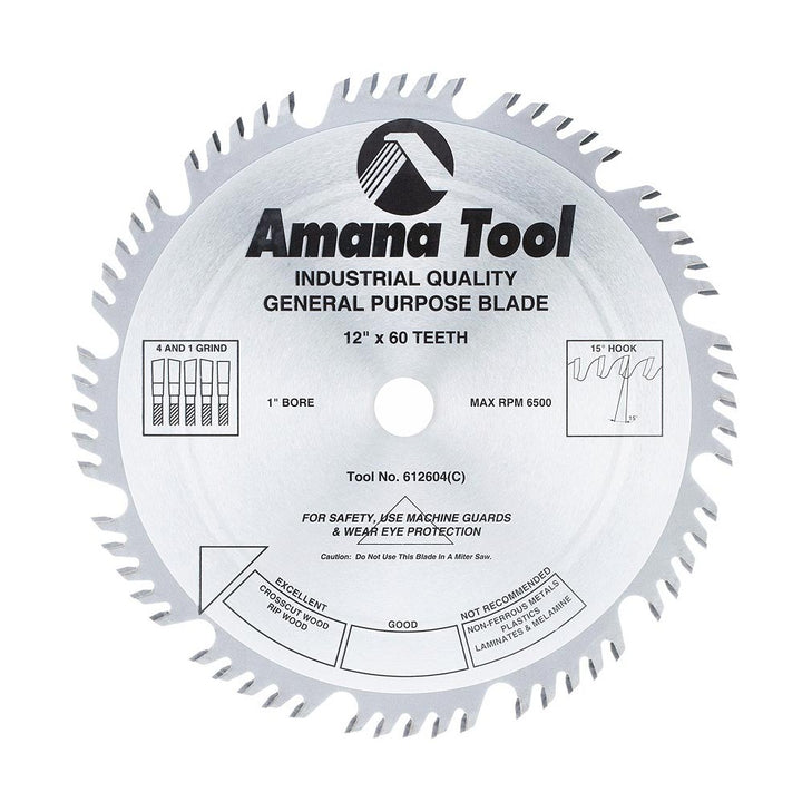 Amana Tool. Combination Ripping & Crosscut Blade - 12" Dia x 60T 4+1 15° - 1" Bore | 612604 