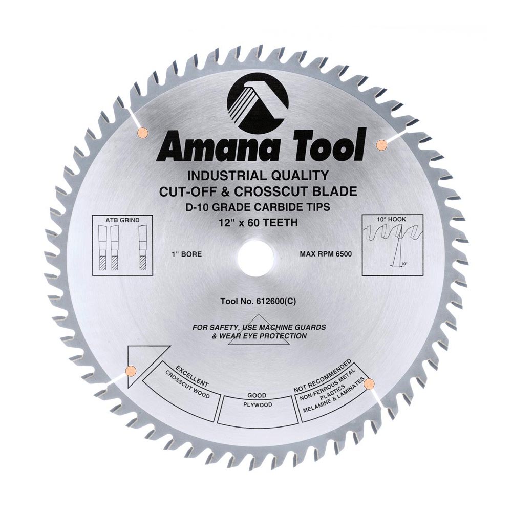 Amana Tool. Plywood⁄ Solid Wood⁄ Chipboard Cutting Blade - 12" Dia x 60T ATB 10° - 1" Bore | 612600 