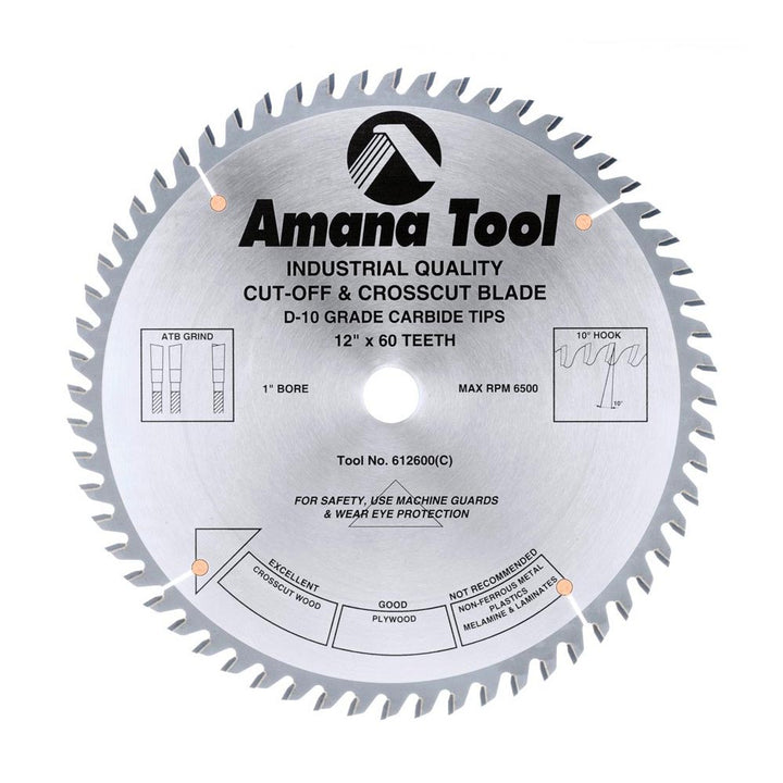 Amana Tool. Plywood⁄ Solid Wood⁄ Chipboard Cutting Blade - 12" Dia x 60T ATB 10° - 1" Bore | 612600 