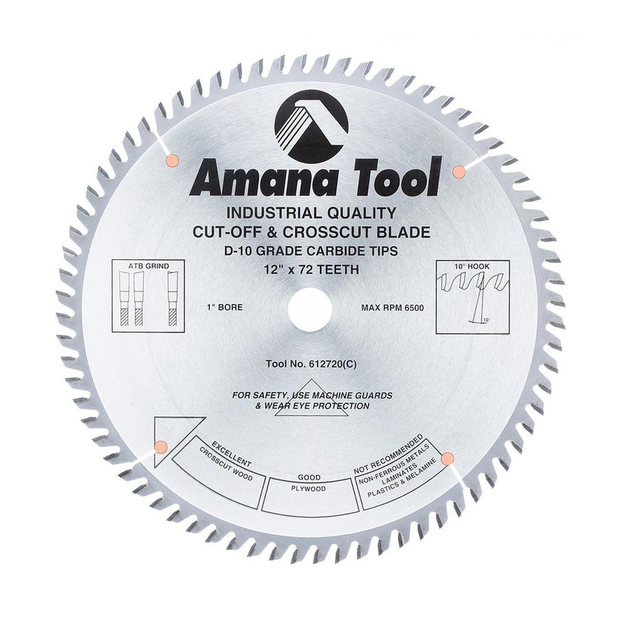 Amana Tool. Plywood⁄ Solid Wood⁄ Chipboard Cutting Blade - 12" Dia x 72T ATB 10° - 1" Bore | 612720 