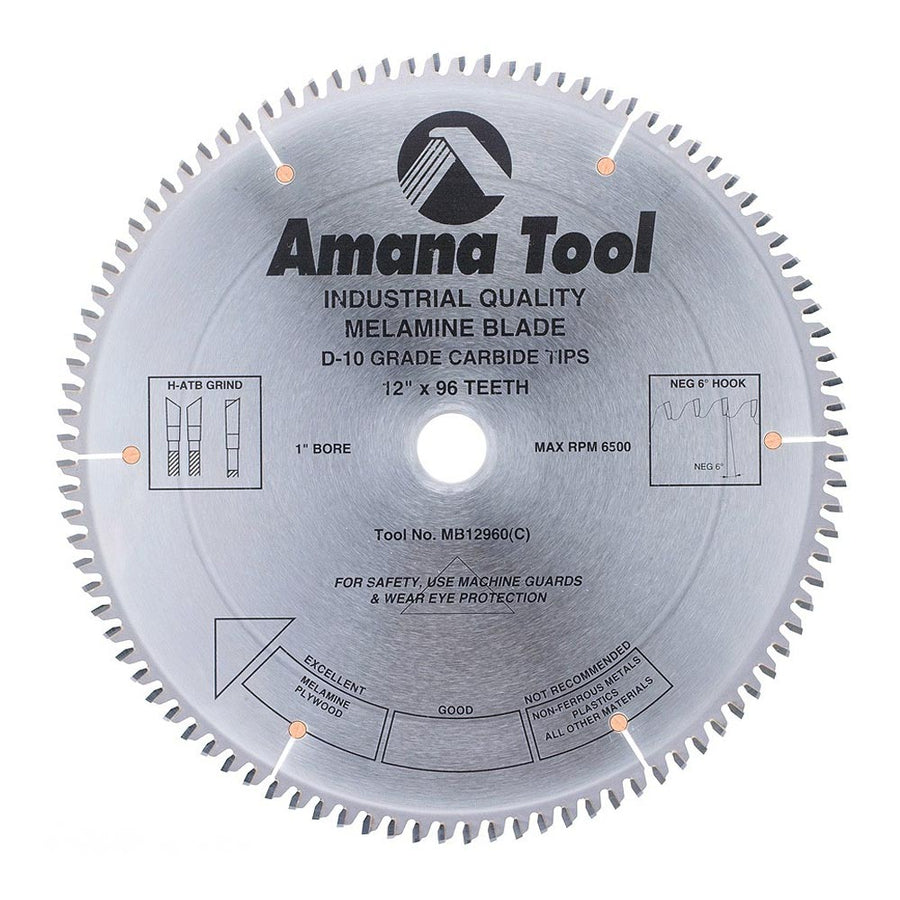 Amana Tool. Double Sided Melamine & Laminate Blade - 12" Dia x 96T H-ATB -6° - 1" Bore | MB12960