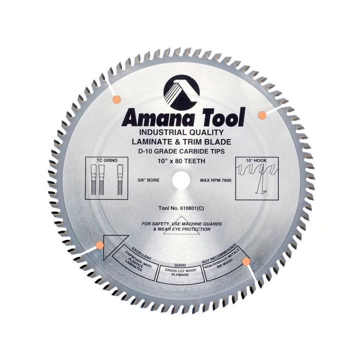 Amana Tool. Single & Double Sided Laminate Cutting - 10" Dia x 80T TCG 10° - 5⁄8 Bore | 610801