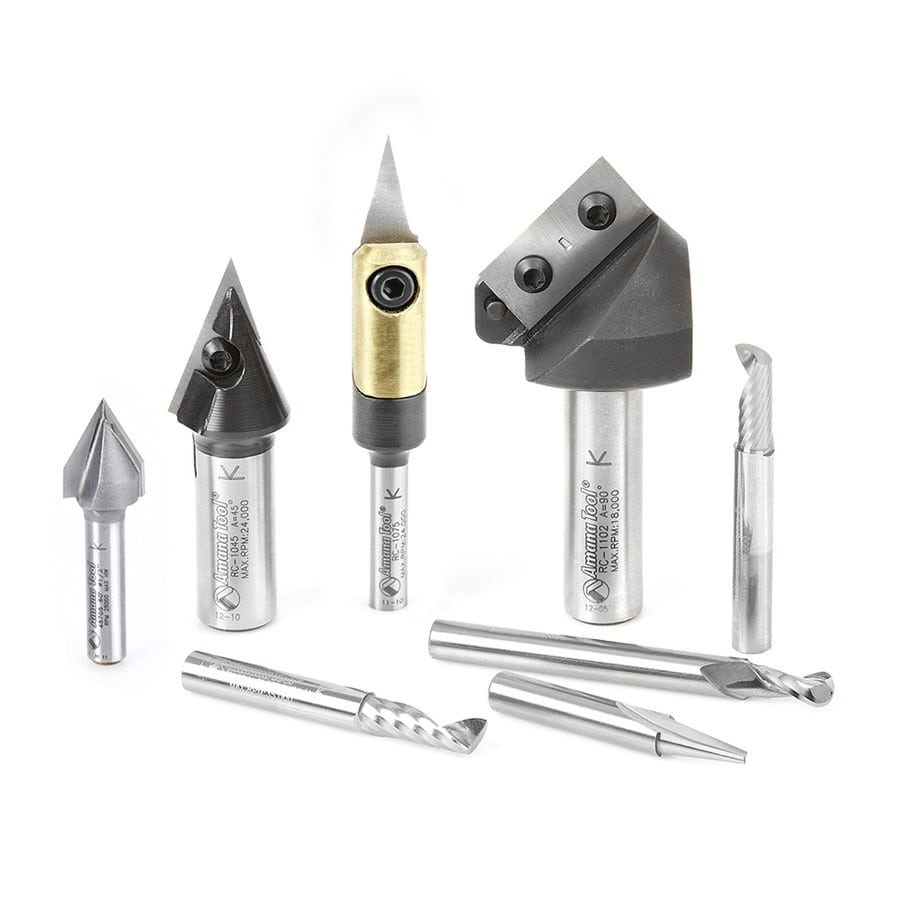 Amana Tool. Signmaking Starter CNC Router Bit Collection | 8 Piece | 1⁄4 & 1⁄2" Shank | AMS-130 