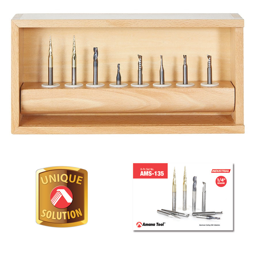 Amana Tool. Specialty Spiral Signmaking CNC Router Bit Collection | 8 Piece | 1⁄4 Shank | AMS-135 