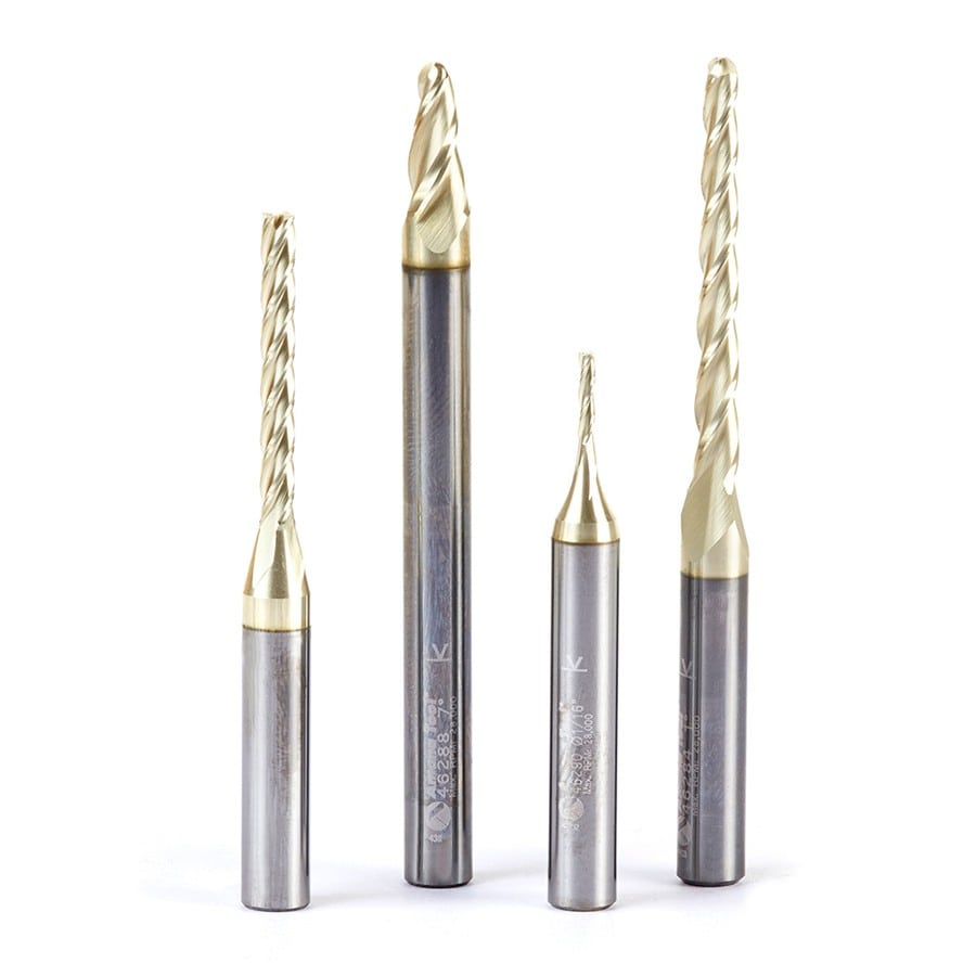 Amana Tool. Carving Ball Nose & Flat Bottom CNC Router Bit Collection | 4 Piece | Set 1⁄4" Shank, 1⁄16 & 1⁄8 Dia | AMS-141 