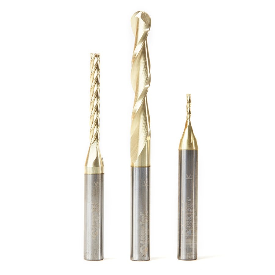 Amana Tool. Carving Ball Nose & Flat Bottom CNC Router Bit Collection | 3 Piece | Set 1⁄4" Shank, 1⁄16, 1⁄8 & 1⁄4 Dia | AMS-145 