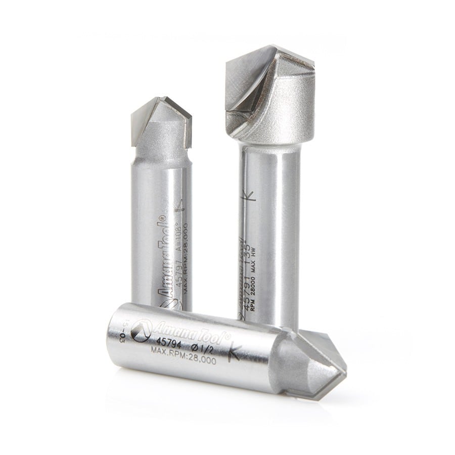 Amana Tool. 3 Piece Double Edge Folding 'V' Groove (ACM) Router Bit Set | 90, 108, 135°x 1⁄2" Shank | AMS-147 