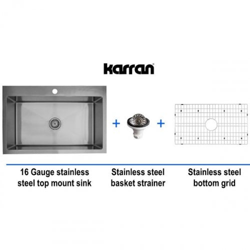 Karran Top Mount Stainless Steel Single Bowl Sink Kit - Elite EL-33