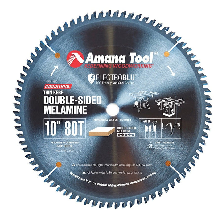 Amana Tool. Double-Face Melamine, Korton & Veneers Thin Kerf Blade Electro-Blu - 10" Dia x 80T H-ATB -2° - 5⁄8 Bore | MSB1080C 