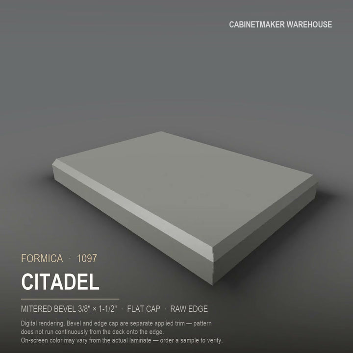 Formica Citadel 1097 laminate on a countertop with a mitered bevel edge