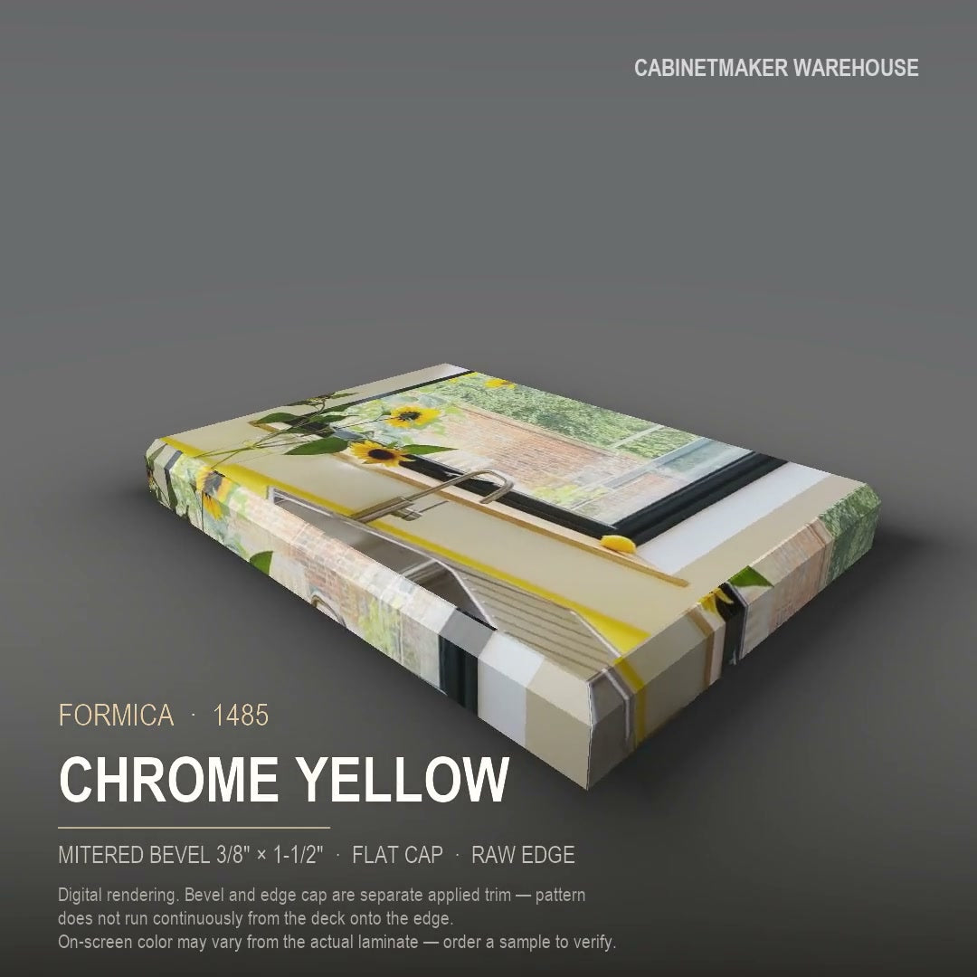 Formica Chrome Yellow 1485 laminate on a countertop with a mitered bevel edge
