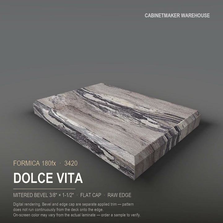 Formica Dolce Vita 3420 laminate on a countertop with a mitered bevel edge