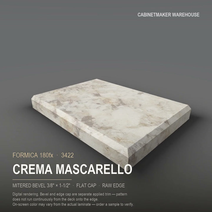 Formica Crema Mascarello 3422 laminate on a countertop with a mitered bevel edge