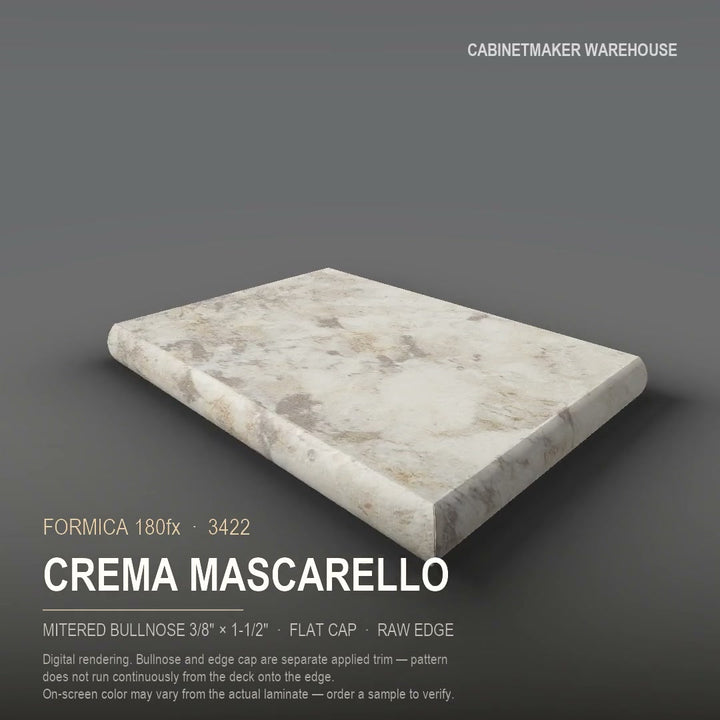 Formica Crema Mascarello 3422 laminate on a countertop with a mitered bullnose edge