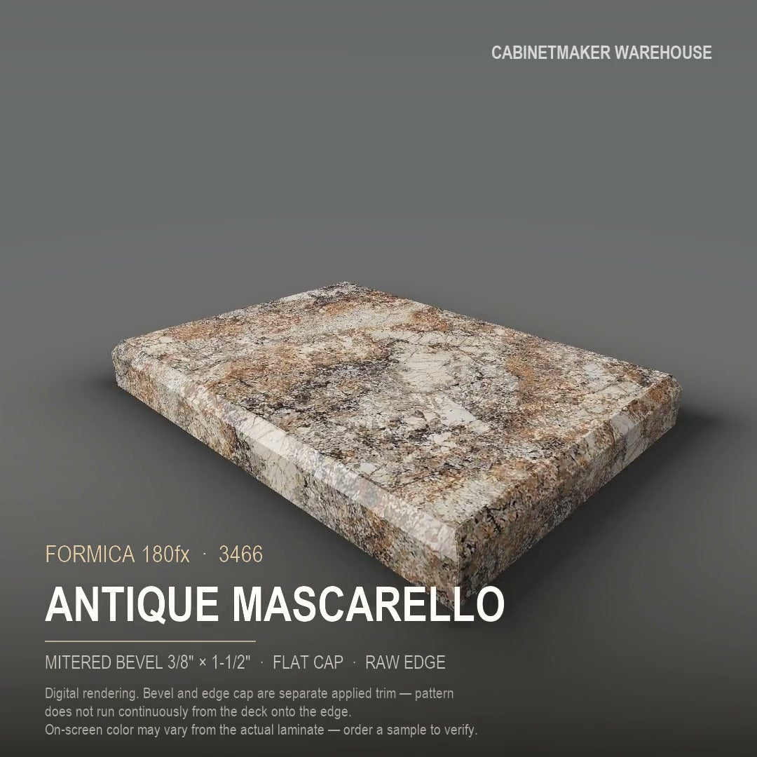 Formica Antique Mascarello 3466 laminate on a countertop with a mitered bevel edge