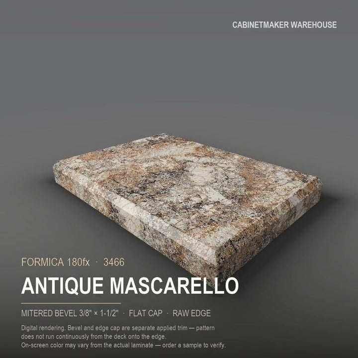 Formica Antique Mascarello 3466 laminate on a countertop with a mitered bevel edge