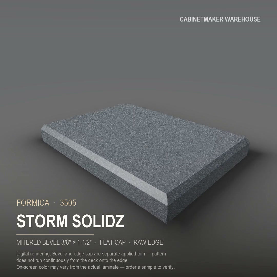 Formica Storm Solidz 3505 laminate on a countertop with a mitered bevel edge