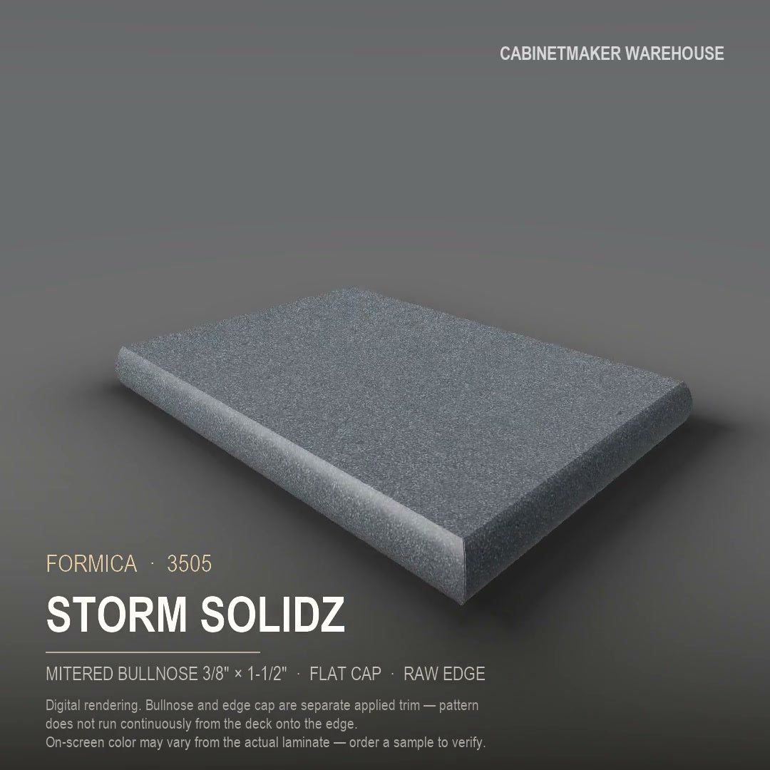 Formica Storm Solidz 3505 laminate on a countertop with a mitered bullnose edge