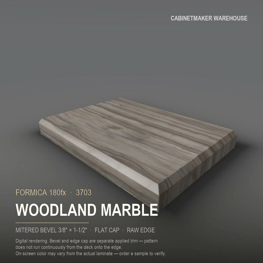 Formica Woodland Marble 3703 laminate on a countertop with a mitered bevel edge