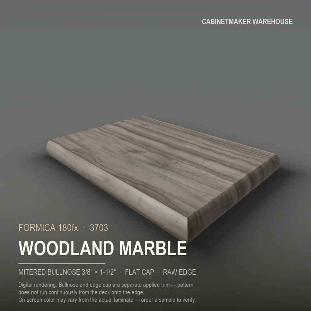 Formica Woodland Marble 3703 laminate on a countertop with a mitered bullnose edge